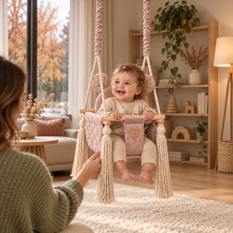 Joaca & Dezvoltare - Leagăn de interior pentru bebeluși BabySteps® Sepia Rose 35x35cm cu pernă ursuleț și centuri de siguranță – catifea matlasată roz pudrat, testat Intertek, 6–36 luni