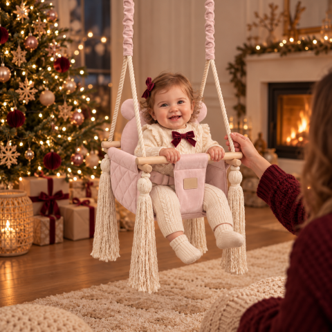 Leagăn de interior pentru bebeluși BabySteps® Sepia Rose 35x35cm cu pernă ursuleț și centuri de siguranță – catifea matlasată roz pudrat, testat Intertek, 6–36 luni [1]