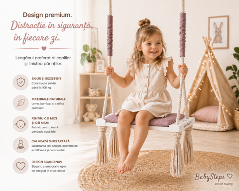 Plimbare & Relaxare - Leagan din lemn si spuma pentru copii WoodLeagăn copii BabySteps® WoodSwing, lemn, spuma & velvet sepia rose premium, design scandinav, până la 100 kgSwing by BabySteps, Catifea Velvet Sepia Rose