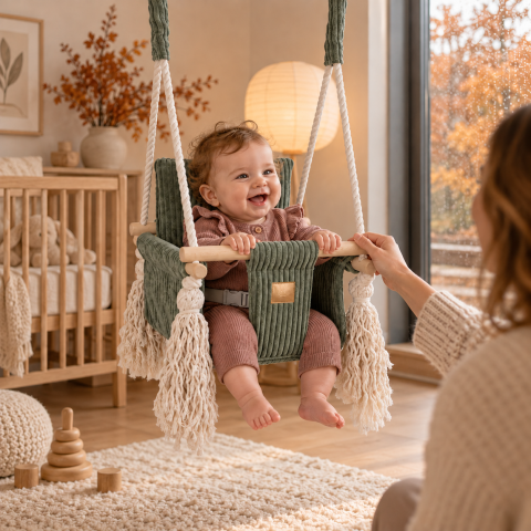 Joaca & Dezvoltare - Leagăn pătrat pentru copii MeowBaby® Square Swing Aesthetic Olive green– confort, siguranță și design modern
