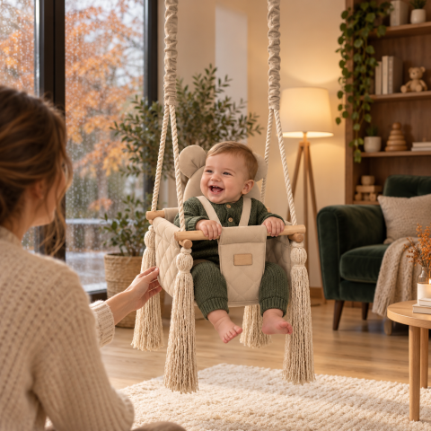 Joaca & Dezvoltare - Leagăn de interior pentru bebeluși BabySteps® Beige 35x35cm cu pernă ursuleț și centuri de siguranță – catifea matlasată bej cald, testat Intertek, 6–36 luni