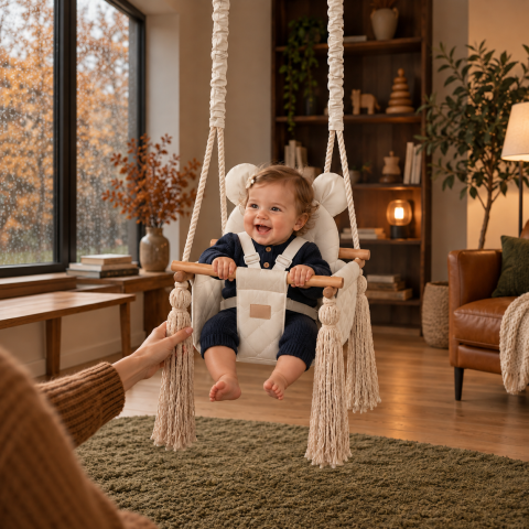 Leagane - Leagăn de interior pentru bebeluși BabySteps® Ecru 35x35cm cu pernă ursuleț și centuri de siguranță – catifea matlasată crem, testat Intertek, 6–36 luni