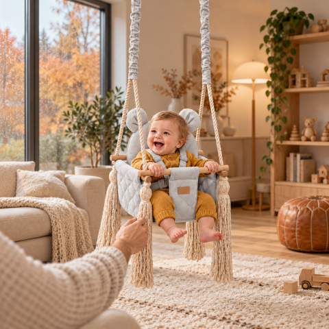Joaca & Dezvoltare - Leagăn de interior pentru bebeluși BabySteps® Light Grey 35x35cm cu pernă ursuleț și centuri de siguranță – catifea matlasată gri deschis, testat Intertek, 6–36 luni