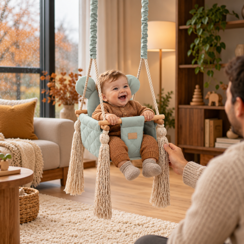 Joaca & Dezvoltare - Leagăn de interior pentru bebeluși BabySteps® Sky Grey 35x35cm cu pernă ursuleț și centuri de siguranță – catifea matlasată mint-gri, testat Intertek, 6–36 luni