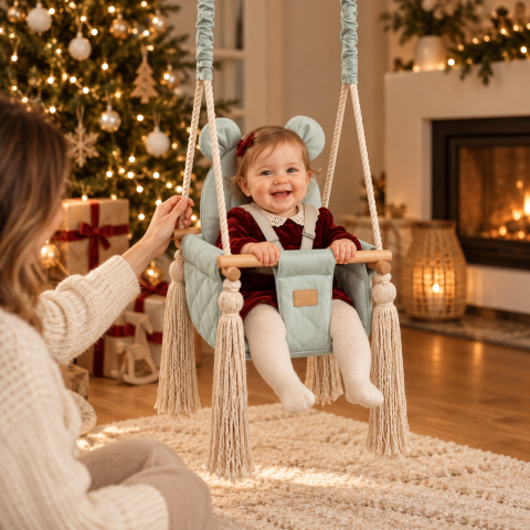 Leagăn de interior pentru bebeluși BabySteps® Sky Grey 35x35cm cu pernă ursuleț și centuri de siguranță – catifea matlasată mint-gri, testat Intertek, 6–36 luni [1]