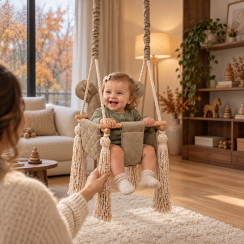 Leagane - Leagăn de interior pentru bebeluși BabySteps® Vintage Beige 35x35cm cu pernă ursuleț și centuri de siguranță – catifea matlasată, testat Intertek, 6–36 luni