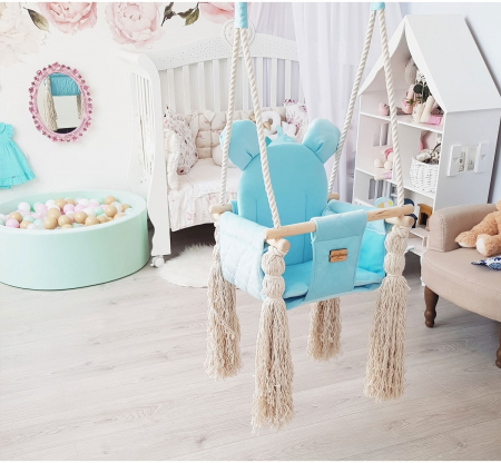 Leagan pentru copii si bebelusi, Catifea Velvet, perna detasabila ursulet Teddy Baby blue [3]