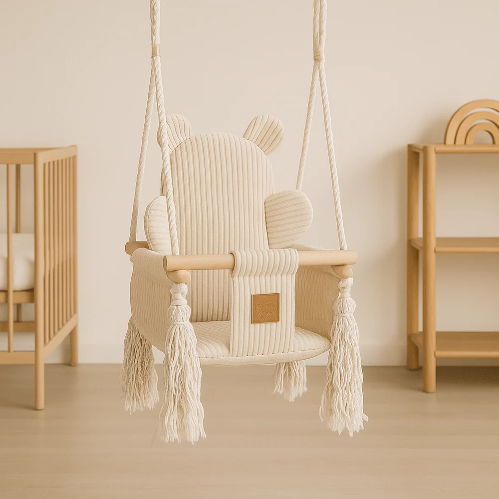 Leagan pentru copii si bebelusi, centuri de siguranta, Catifea reiata, perna ursulet Aesthetic Ecri, MeowBaby [2]