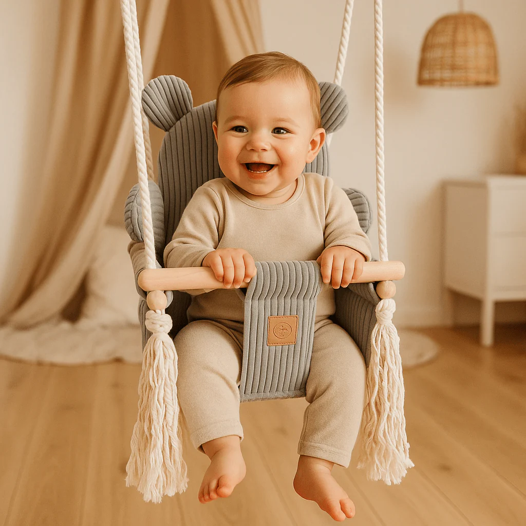 Leagan pentru copii si bebelusi, centuri de siguranta, Catifea reiata, perna ursulet Aesthetic Power Pink, MeowBaby [6]