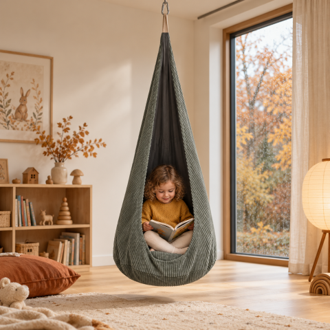 Plimbare & Relaxare - Leagan tip cocon pentru copii MeowBaby® Aesthetic Khaki  – locul preferat pentru joacă și relaxare