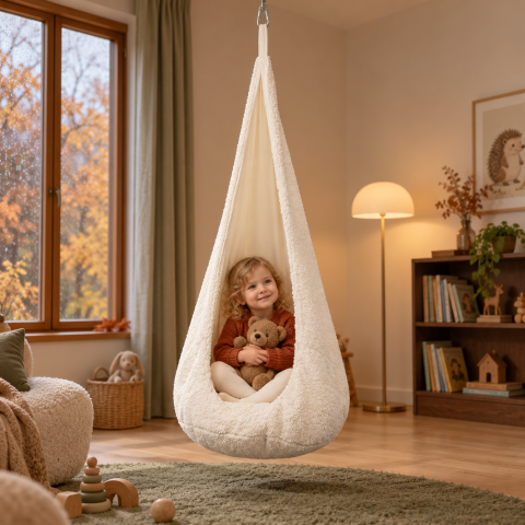 Plimbare & Relaxare - Leagan tip cocon pentru copii MeowBaby® Bearly Ecru  – locul preferat pentru joacă și relaxare