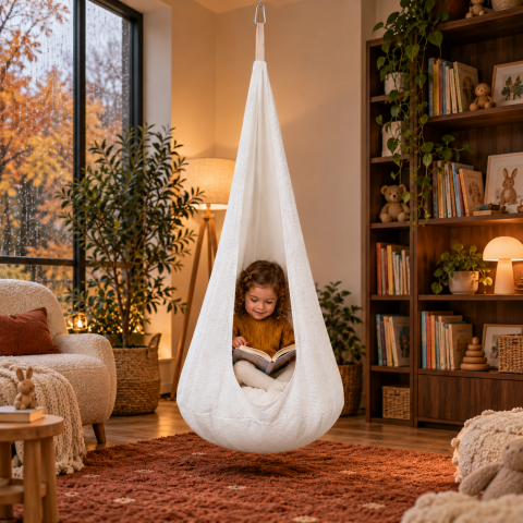 Leagane - Leagan tip cocon pentru copii MeowBaby® Boucle White  – locul preferat pentru joacă și relaxare