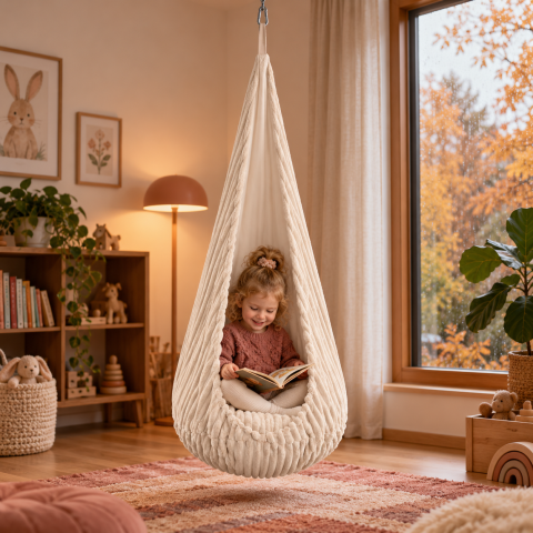 Plimbare & Relaxare - Leagan tip cocon pentru copii MeowBaby® Churros Cotton Candy White – locul preferat pentru joacă și relaxare