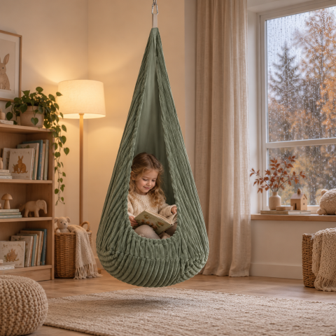 Plimbare & Relaxare - Leagan tip cocon pentru copii MeowBaby® Churros Olive Sage Green – locul preferat pentru joacă și relaxare