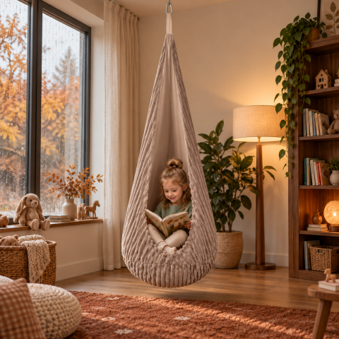 Plimbare & Relaxare - Leagan tip cocon pentru copii MeowBaby® Churros Pebble Beige – locul preferat pentru joacă și relaxare