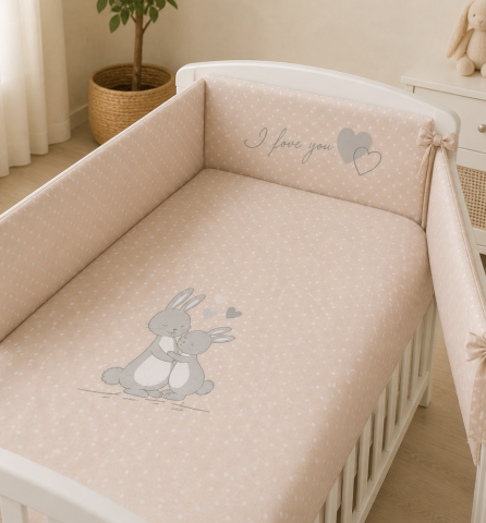 Lenjerie pentru pătuț bebe 3 piese cu protecție laterală Iepuraș, 140x70 cm, Bej – Amy [1]