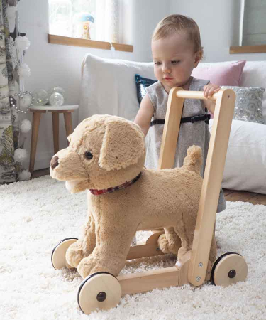 Plimbare & Relaxare - Little Bird Told Me - Dexter Dog Walker, Push Along & Ride On Toy pentru copii de peste 1 an, Golden Labrador Caine Pufos pentru copii mici, Cadru robust din lemn, Scaun căptusit