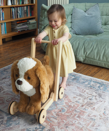 Little Bird Told Me - Peanut Pup Walker, Push Along & Ride On Toy pentru copii de peste 1 an, King Charles Spaniel Caine Pufos pentru copii mici, Cadru robust din lemn, Scaun căptusit [3]