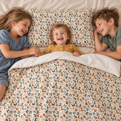 Magic Kids Set Husă Pilotă 100x135cm și Față de Pernă 40x60cm, 100% Bumbac Oeko-Tex, Imprimeu Litere, Reversibil, pentru Pătuț 140x70cm [1]
