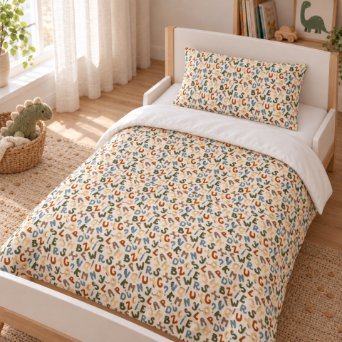 Lenjerii si huse patut - Magic Kids Set Husă Pilotă 100x135cm și Față de Pernă 40x60cm, 100% Bumbac Oeko-Tex, Imprimeu Litere, Reversibil, pentru Pătuț 140x70cm