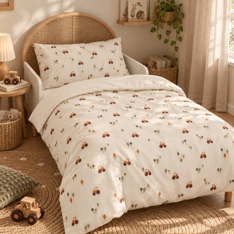 Lenjerii si huse patut - Magic Kids Set Husă Pilotă 100x135cm și Față de Pernă 40x60cm, 100% Bumbac Oeko-Tex, Imprimeu Tractoare, Reversibil, pentru Pătuț 140x70cm