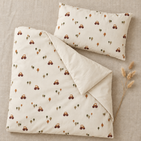 Magic Kids Set Husă Pilotă 100x135cm și Față de Pernă 40x60cm, 100% Bumbac Oeko-Tex, Imprimeu Tractoare, Reversibil, pentru Pătuț 140x70cm [8]
