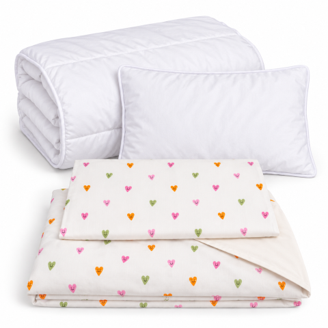Magic Kids Set Husă Pilotă 100x135cm și Față de Pernă 40x60cm, 100% Bumbac Oeko-Tex, Imprimeu Inimi, Reversibil, pentru Pătuț 140x70cm [14]