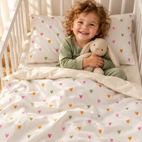 Magic Kids Set Husă Pilotă 100x135cm și Față de Pernă 40x60cm, 100% Bumbac Oeko-Tex, Imprimeu Inimi, Reversibil, pentru Pătuț 140x70cm [2]