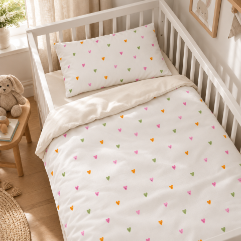 Magic Kids Set Husă Pilotă 100x135cm și Față de Pernă 40x60cm, 100% Bumbac Oeko-Tex, Imprimeu Inimi, Reversibil, pentru Pătuț 140x70cm [1]