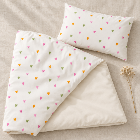Magic Kids Set Husă Pilotă 100x135cm și Față de Pernă 40x60cm, 100% Bumbac Oeko-Tex, Imprimeu Inimi, Reversibil, pentru Pătuț 140x70cm [12]