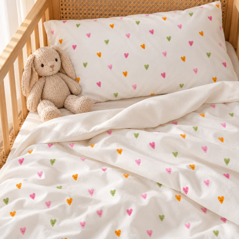 Lenjerii patut - Magic Kids Set Husă Pilotă 100x135cm și Față de Pernă 40x60cm, 100% Bumbac Oeko-Tex, Imprimeu Inimi, Reversibil, pentru Pătuț 140x70cm