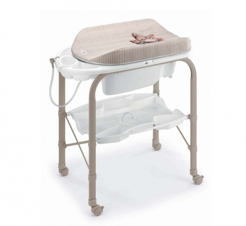 Comode si mese de infasat - Masa de baie pliabila cu saltea de infasat, cadita anatomica cu furtun, roti cu blocatori, Cambio Deluxe, alb