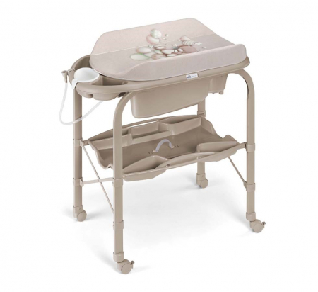 Comode si mese de infasat - Masa de baie pliabila cu saltea de infasat, cadita anatomica cu furtun, roti cu blocatori, Cambio Deluxe, bej