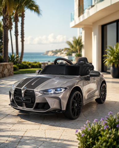Mașinuțe electrice 12V - Mașină electrică BMW M4 12V Gri Metalic, Licență Oficială – Telecomandă 2.4G, Scaun Piele