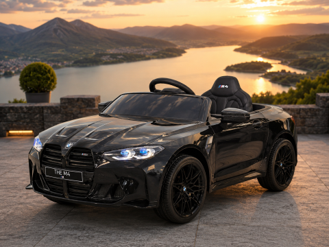 Mașinuțe electrice 12V - Mașină electrică BMW M4 12V Negru Metalic, Licență Oficială – Telecomandă 2.4G, Scaun Piele