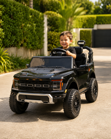Mașinuțe electrice 24V - Mașină electrică Ford Raptor 24V Negru, 2 Locuri, licență oficială – Telecomandă 2.4G, Scaun Piele