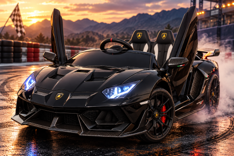 Mașină electrică Lamborghini Aventador SVJ 24V Negru, 2 Locuri, licență oficială – Drift, Uși Verticale, Telecomandă