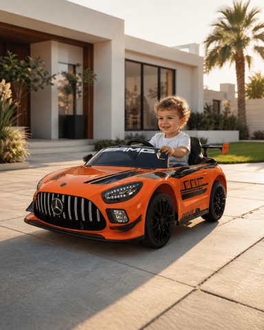 Mașinuțe electrice 12V - Mașină electrică Mercedes GT3 AMG 12V Portocaliu, Licență Oficială – Telecomandă 2.4G, Scaun Piele