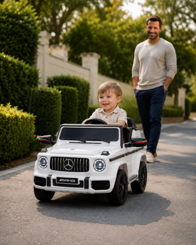 Mașinuțe electrice 12V - Mașină Electrică pentru Copii Mercedes-Benz G63 AMG 12V Alb Perlat – 4 Motoare, Telecomandă 2.4G, Roți Cauciuc, Scaun Piele | 3 Ani+