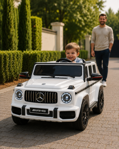 Mașinuțe electrice copii premium - Mașină Electrică pentru Copii Mercedes-Benz G63 AMG 12V Alb Perlat – 4 Motoare, Telecomandă 2.4G, Roți Cauciuc, Scaun Piele | 3 Ani+