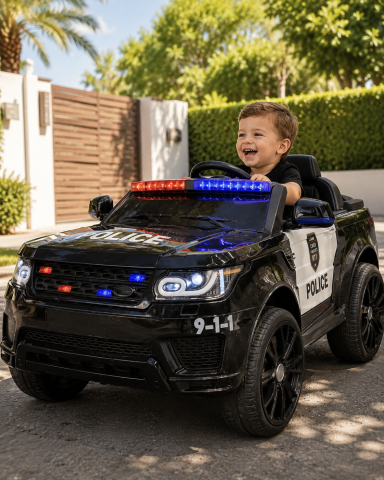 Mașinuțe electrice 12V - Mașină Electrică Poliție 12V pentru Copii, Negru – Telecomandă 2.4G, Girofar și Sirenă, Scaun Piele | 3-5 Ani
