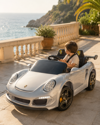 Mașinuțe electrice 24V - Mașină electrică Porsche RUF 24V Argintiu Metalic, 2 Locuri, licență oficială – Telecomandă 2.4G, Scaun Piele