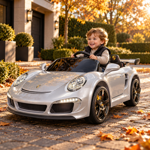 Mașinuțe electrice 24V - Mașină electrică Porsche RUF 24V Argintiu Metalic, 2 Locuri, licență oficială – Telecomandă 2.4G, Scaun Piele