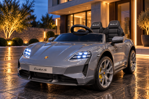 Mașinuțe electrice 24V - Mașină electrică Porsche Taycan Turbo S 24V Gri, 2 Locuri, licență oficială – Telecomandă 2.4G, Scaun Piele