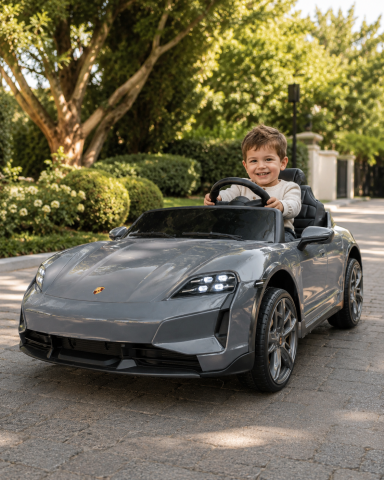 Mașinuțe electrice 24V - Mașină electrică Porsche Taycan Turbo S 24V Gri, 2 Locuri, licență oficială – Telecomandă 2.4G, Scaun Piele