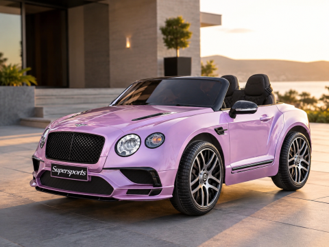 Mașinuțe electrice 12V - Mașinuță Electrică Copii Bentley Continental 12V, Telecomandă 2.4G, Șa Piele Neagră, Uși Funcționale, Roz Metalizat