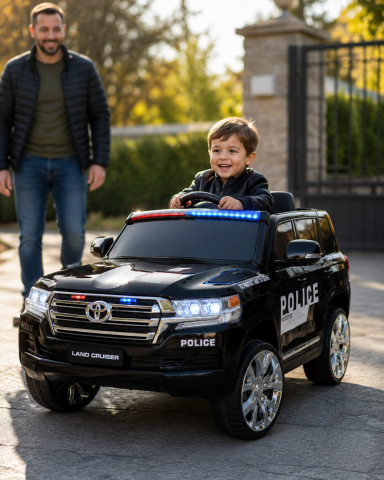 Mașinuțe electrice copii premium - Mașinuță Electrică Toyota Land Cruiser Police 24V Negru – Licență Oficială Toyota, 4 Motoare, Suspensii, Telecomandă 2.4G | 3-5 Ani