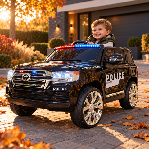 Mașinuță Electrică Toyota Land Cruiser Police 24V Negru – Licență Oficială Toyota, Girofar LED, Telecomandă 2.4G | 3-5 Ani