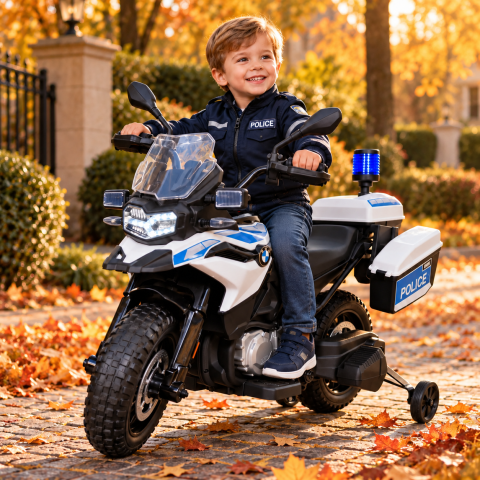 Mașinuțe electrice 12V - Motocicletă Electrică Poliție BMW F850 12V – Roată Ajutătoare, Girofar LED | 3-5 Ani
