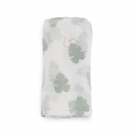 Museline - Muselina din bumbac si bambus, Scutec sau paturica multifunctionala, Monstera Monkey Hunter Mint, 120 x 120 cm